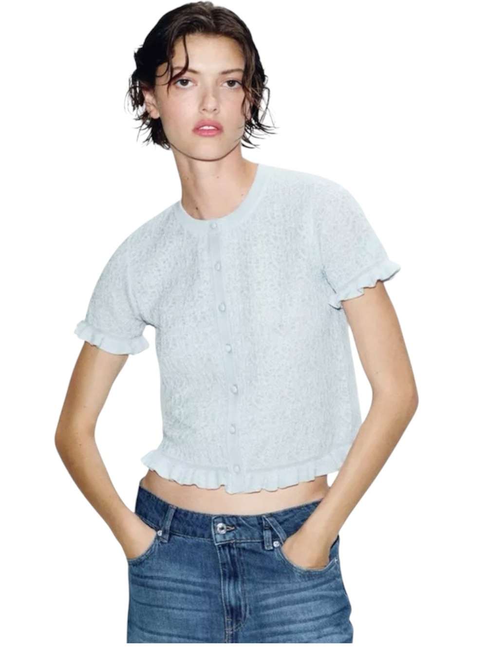 Zara Ruffled Textured Knit Short Sleeve Cardigan In Light Blue